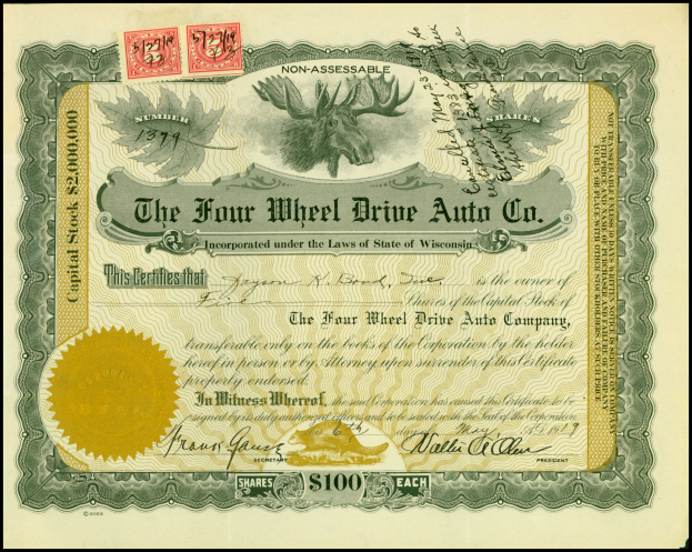 Rahmengestelltes Wertpapier für Four Wheel Drive Auto Co. mit goldenem Siegel, Text, numerischen Werten und mehrfarbigen Stempeln.
