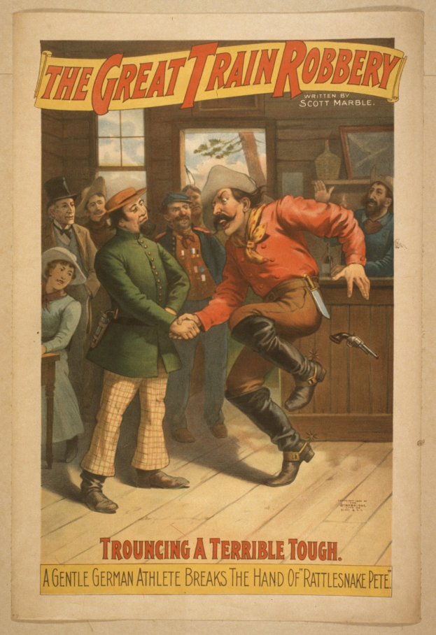 Plakat zeigt eine Gruppe von Menschen, die drinnen stehen, wobei einer eine Waffe hält, ein Fenster und eine Wand im Hintergrund und den Text 'Der große Zugraub - Trouching ein Schreckliches Tough' oben und unten.