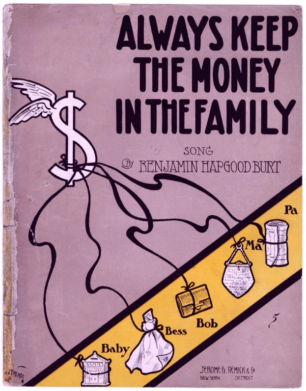 Ein Plakat mit fetter schwarzer Schrift, die "Immer das Geld in der Familie behalten" lautet, vor einem weißen Hintergrund, mit einer bunten Illustration einer strahlenden Familie aus vier Personen (zwei Erwachsene und zwei Kinder), die in einem Kreis unter einem hellblauen Himmel mit weißen Wolken stehen.