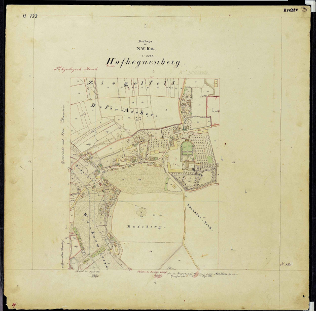Schwarze und weiße Karte von Hofhegenberg, Deutschland, mit schwarzem Rand, zeigt Straßen, Gebäude und Sehenswürdigkeiten.