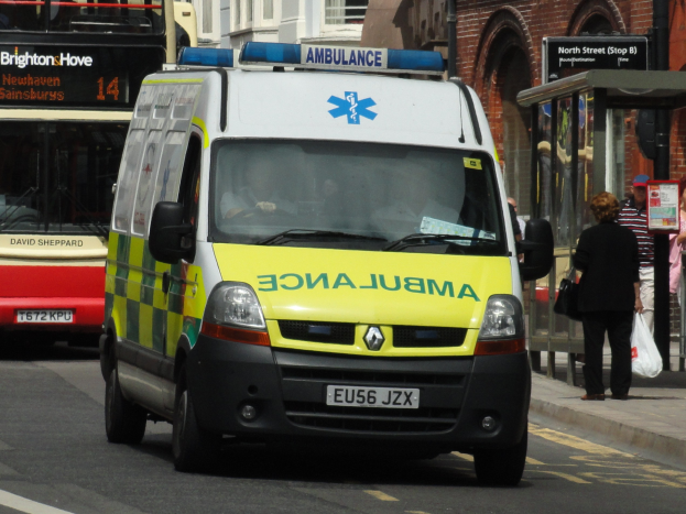 Rettungswagen fährt auf einer Straße neben einem roten Doppeldeckerbus mit Passanten auf dem Gehweg und Gebäuden im Hintergrund.