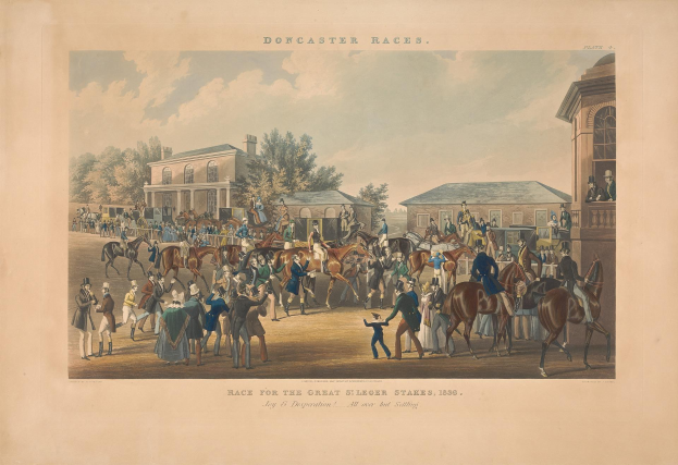 Gruppe von Menschen, die auf Pferden vor einem Gebäude reitet, mit Bäumen und Wolken im Hintergrund und dem Text "Doncaster Races, Race for the Great Stakes, 1839" unten.