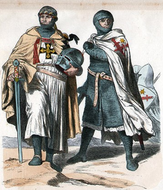 Zwei Männer in mittelalterlicher Kleidung, einer hält ein Schwert und der andere einen Helm, mit Text unten: "Die Ritter des Mittelalters."