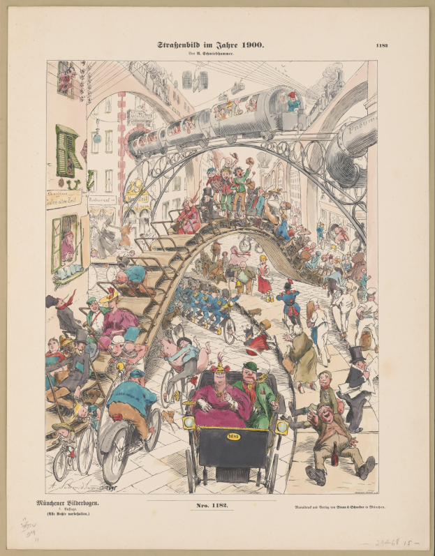 Ein altes Buch mit einer Zeichnung einer aufgeregten Menge an einem Bahnhof von 1900, umgeben von einem Photo-Rahmen, mit der Aufschrift "Straßenbild im Jahre 1900" auf der Seite.