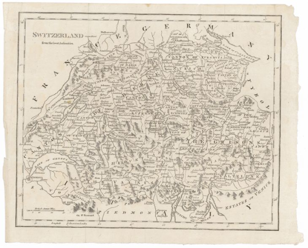 Ein detailliertes altes Kartenmaterial von der Schweiz und Deutschland, das geographische Elemente wie Flüsse, Berge und Städte zeigt, mit Text in einer klassischen Schriftart.