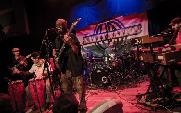 Eine Gruppe Musiker auf der Bühne mit Instrumenten und Mikrofonen, einem Banner im Hintergrund und einer sichtbaren Menge unten, während einer Live-Aufführung der Fatty Nation.