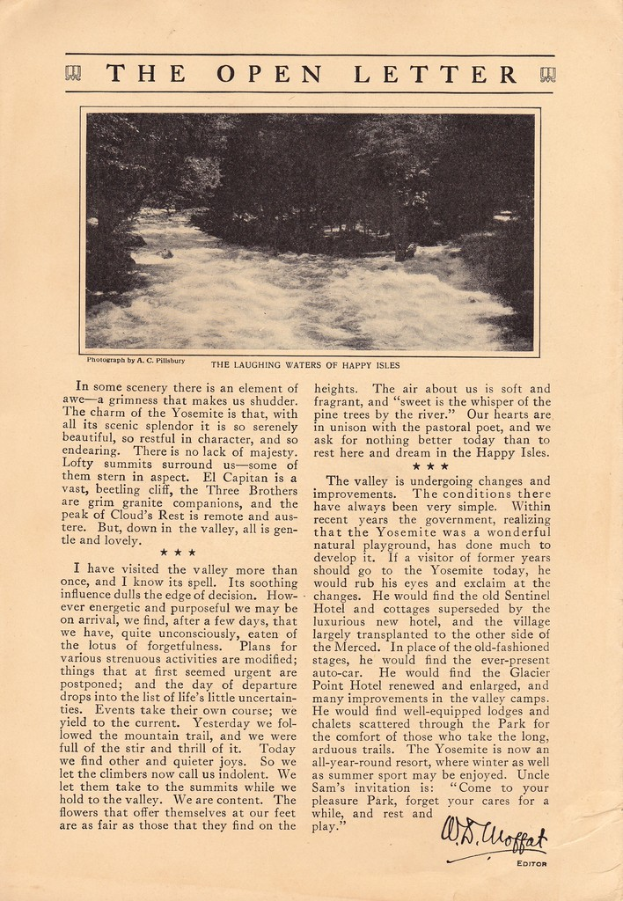 Ein Plakat mit einem Bild von Bäumen und einer Straße oben sowie einem Artikel und einer Unterschrift in der rechten unteren Ecke.