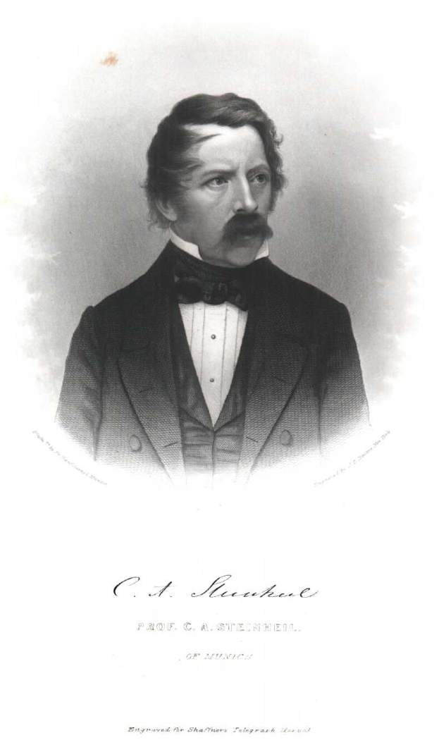 Eine Schwarz-Weiß-Zeichnung eines Mannes im Smoking, identifiziert als C.A. Steinheim, der Gründer von München, Deutschland, mit dem Text "C.A." unten.
