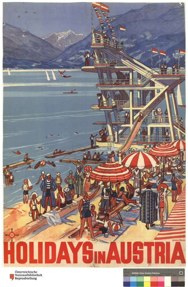 Plakat für Österreich-Urlaub mit Menschen am Strand mit Schirmen, einem Schiff im Hintergrund, winkenden Flaggen, fernen Bergen und Text.