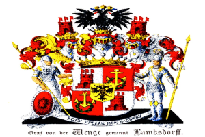 Das Wappen von Hamburg, Deutschland, zeigt zwei Figuren mit Waffen, die ein zentrales Emblem flankieren, mit Text darunter.