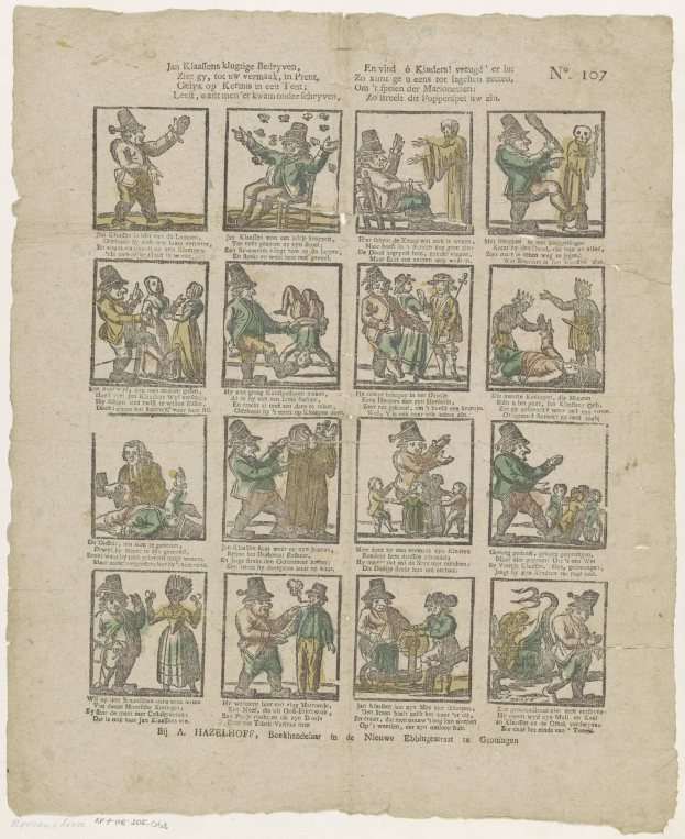 Ein Bild aus einem Buch mit einer Zeichnung eines Mannes mit Hut und einer Frau in einem Kleid, die sich streiten, umgeben von Text und zusätzlichen Illustrationen.