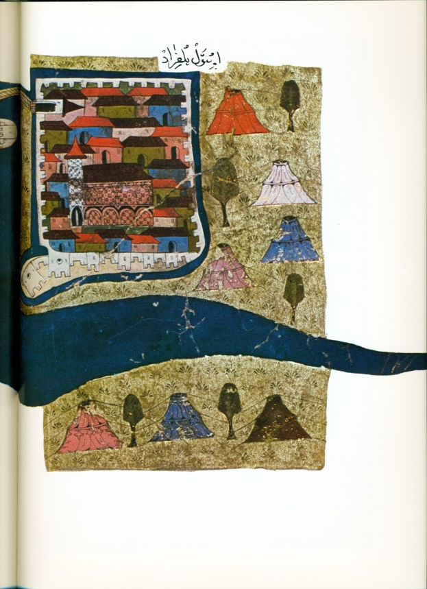 Ein detailliertes und farbenfrohes Gemälde einer belebten Stadtlandschaft mit hohen Gebäuden, grünen Bäumen und einem hellblauen Himmel, das auf einem offenen Buch displayed ist.