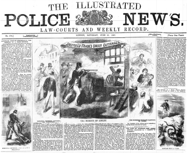 Schwarze und weiße Titelseite der Illustrated Police News von 1867 mit einer zentralen Illustration einer Gruppe von Menschen, "Police News"-Text und Logo oben.