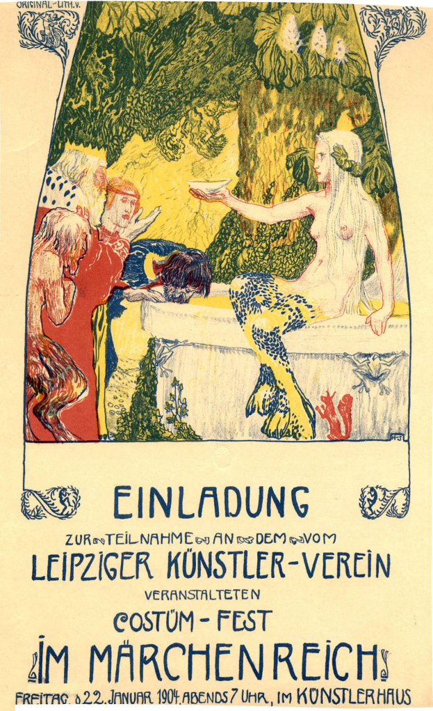 Plakat für ein Münchner Festival, das ein Gemälde einer Frau mit Menschen und Bäumen zeigt.
