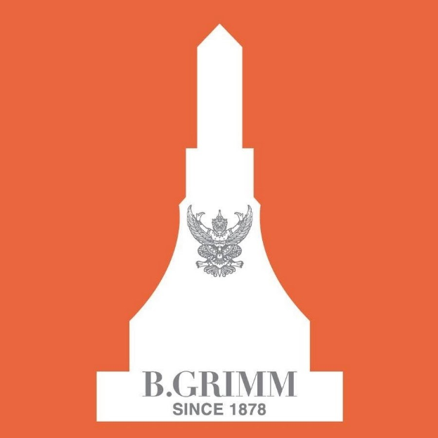 Plakat mit orangefarbenem Hintergrund, das einen weißen Kreis mit schwarzem Rahmen und schwarzem Buchstaben 'b' in der Mitte zeigt, sowie fetten schwarzen Text, der 'b grimm seit 1878' lautet.