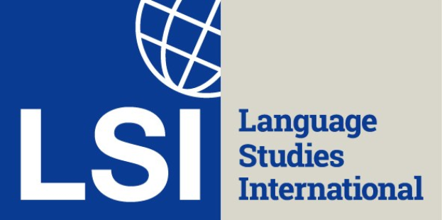 Logo der Language Studies International (LSI) mit einem blauen Kreis mit weißer Umrandung und weißer 'LSI'-Schrift, darüber der vollständige Firmenname in weiß auf einem blauen und weißen Hintergrund.