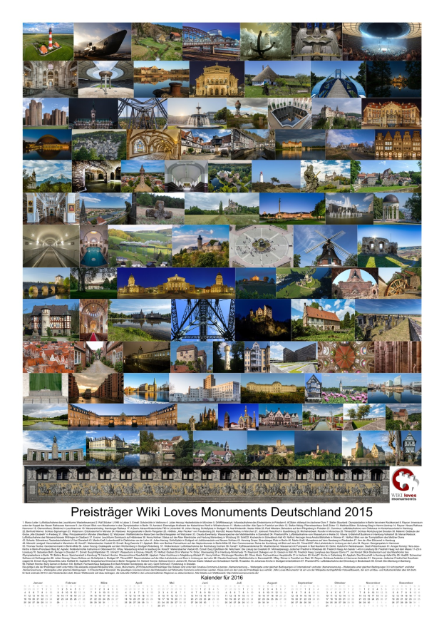 Collage deutscher Denkmäler aus dem Wiki Loves Monuments Deutschland 2015 Kalender.