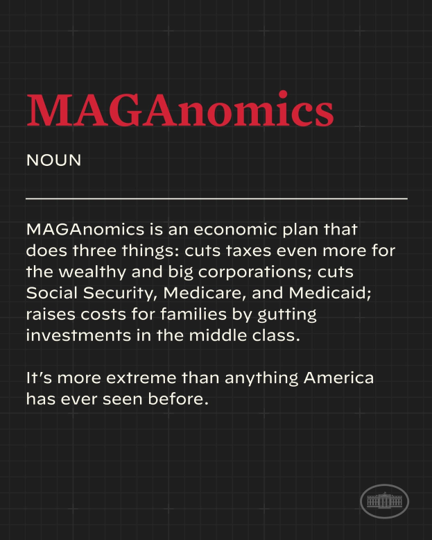 Plakat mit fettem schwarzem Text auf einem weißen Hintergrund, eingerahmt von einem schmalen schwarzen Rand, das "Maganomics: Ein Wirtschaftsplan, der drei Dinge tut - Steuern für Reich und große Unternehmen weiter senken." zeigt.