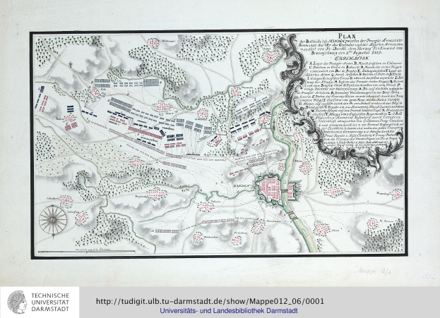 Eine detaillierte Karte der Schlacht von Darmstadt mit beschrifteten Schlachten, Städten und einem Schild-Logo mit einem Löwen unten.