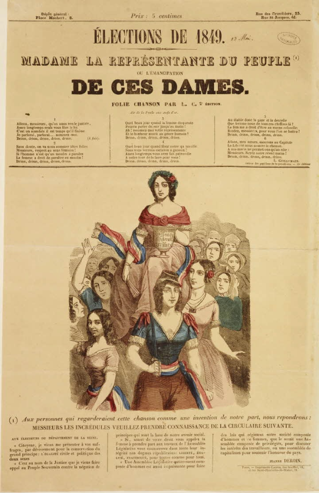 Eine alte Zeitung mit einer Zeichnung einer Frau in einem Kleid, umgeben von einer Gruppe von Menschen, mit wahrscheinlich wahlbezogenem Text von 1849.