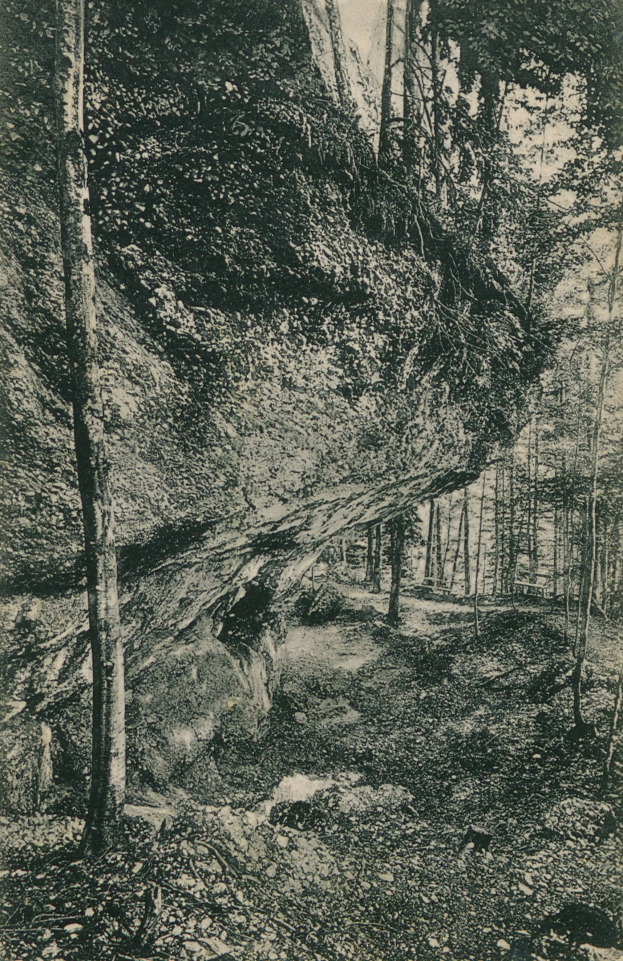 Schwarzes und weißes Foto einer felsigen Klippe umgeben von Bäumen mit Text unten.