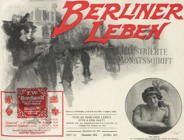 Werbeposter für den Berliner Leben-Film mit einer Frau in Hut und einem Mann im Anzug, Text, Stempel, einigen Menschen und einem Gebäude im Hintergrund.