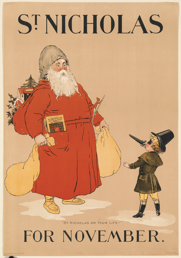 Ein Buchumschlag mit der Aufschrift "Sankt Nikolaus für November" mit Santa Claus und einem Kind.