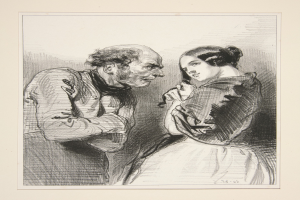 Schwarzes und weißes Bild eines Mannes und einer Frau in traditioneller Kleidung, die sich unterhalten, der Mann mit einem strengen Gesichtsausdruck und die Frau mit einem sanften Gesichtsausdruck.