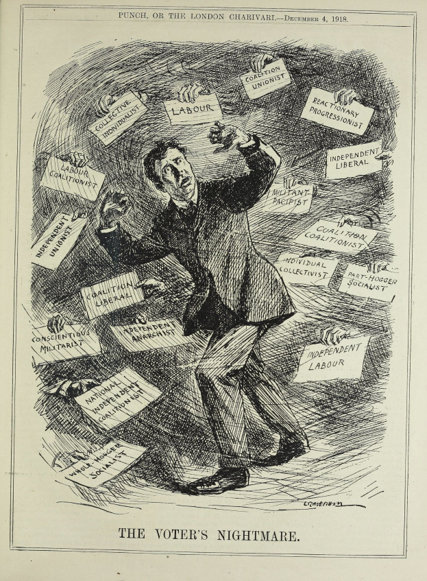 Ein Mann im Anzug und Krawatte hält ein Schild mit der Aufschrift "Der Albtraum des Wählers" und blickt entschlossen.