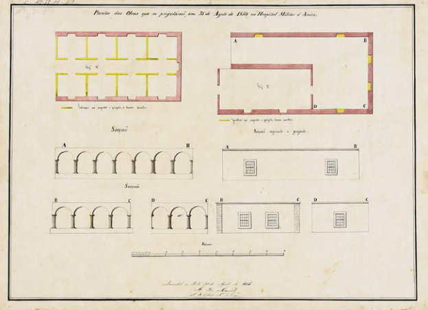 Ein detailliertes architektonisches Drawing des Krankenhauses Mailand in Italien, das ein Gebäude mit zahlreichen Fenstern und Bögen zeigt, begleitet von Text, der das Layout beschreibt.