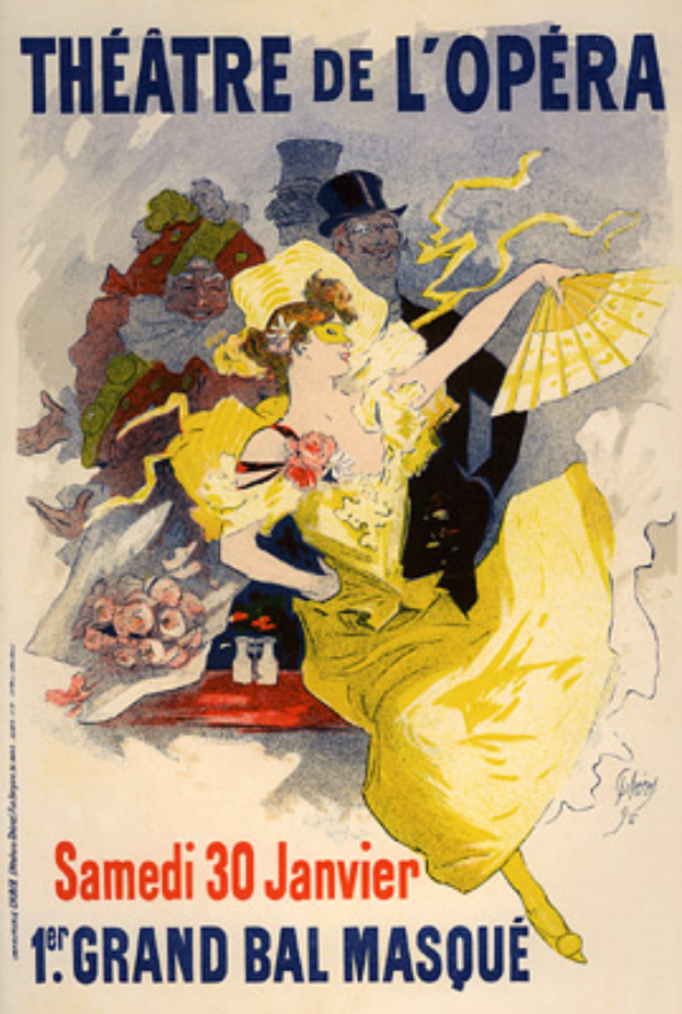 Ein Plakat, das das Théâtre de l'Opéra in Paris bewirbt, zeigt eine Frau in einem gelben Kleid, umgeben von anderen Menschen, mit Text darauf.