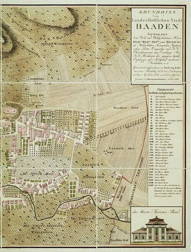 Alte detaillierte Karte von Baden-Württemberg, Deutschland, mit einem Gebäude in der rechten unteren Ecke, die Straßen, Gebäude und Texte mit Stadtinformationen zeigt.