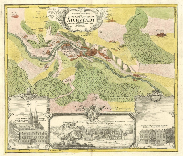 Ein detailliertes Plakat mit einer Karte von Aichstadt, Deutschland, das Stadtteile, umliegende Städte und Landschaft zeigt, begleitet von Text und Gebäudebildern.