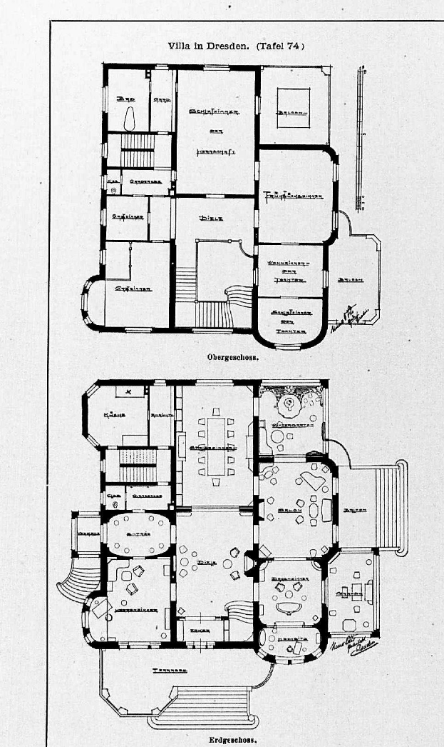Ein Schwarz-Weiß-Fußbodenplan eines Hauses mit mehreren Räumen, das mit Details zur Raumanzahl und -größe beschriftet ist, vermutlich die Villa in Dresden, Deutschland.