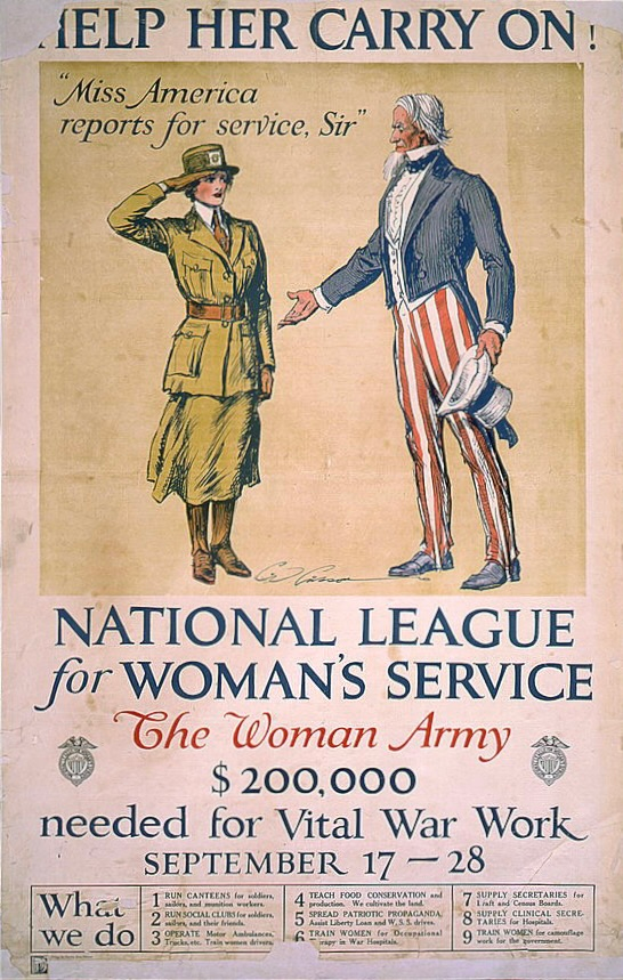 Ein Plakat für den Nationalen Verband für Frauenhilfsdienst mit zwei Personen nebeneinanderstehend und Textinformationen über die Organisation und ihre Mission.