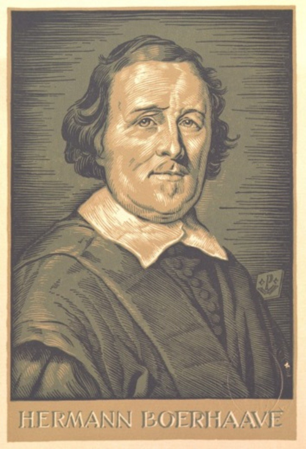 Porträt von Hermann Boerhaave, einem deutschen Philosophen, mit einem menschlichen Gesicht und Text unten.