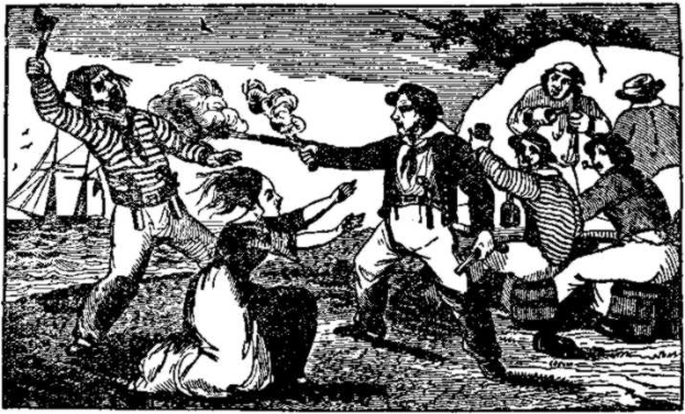 Eine Schwarz-Wei├č-Zeichnung einer Gruppe von Menschen am Strand mit einem Schiff im Hintergrund, einem Baum im Vordergrund und dem Text "Pirates of the Caribbean" unten.