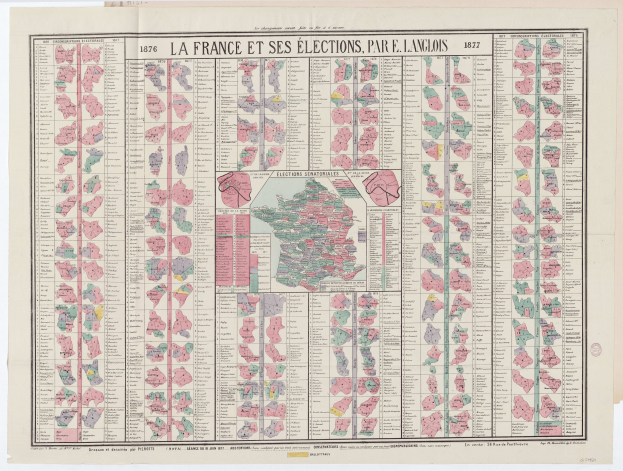 Ein altes Frankreich-Karte mit farbigen Regionen, Provinzen, Hauptstädten und Text zur französischen Wahl 1877.