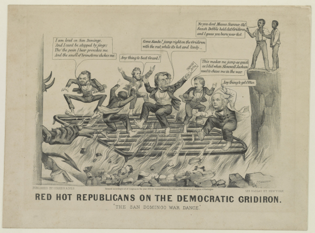 Eine politische Karikatur, die rote Figuren auf einem blauen Rastersystem zeigt, mit besorgten Gesichtern und erhobenen Armen, begleitet von fetter schwarzer Schrift.