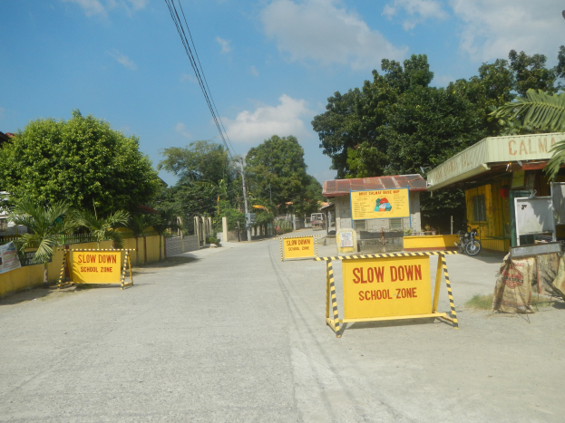 Gelbes Straßenschild mit der Aufschrift "Langsam fahren Schulzone" an der Seite einer Straße mit parkenden Fahrzeugen, Bäumen, Gebäuden, Strommasten, Drähten und Himmel im Hintergrund.