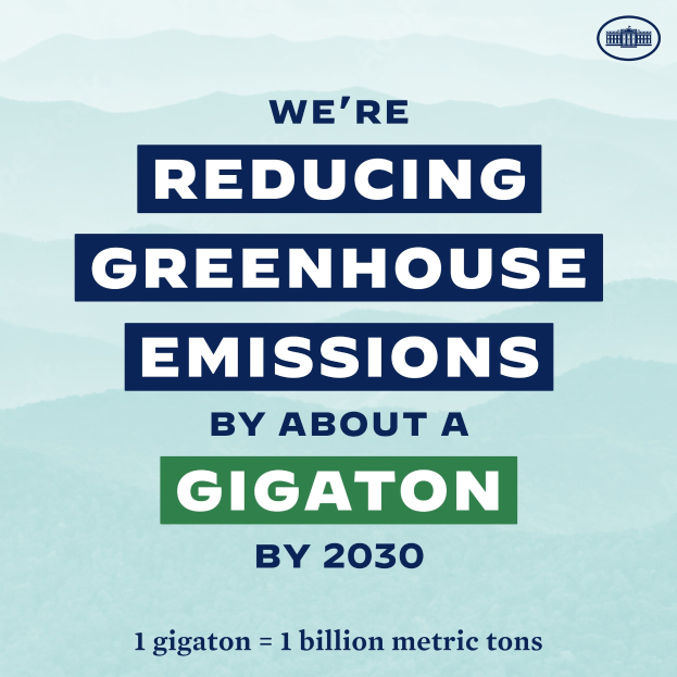 Plakat mit Text und Logo, das besagt "Wir reduzieren die Treibhausgasemissionen um etwa eine Gigatonne bis 2030."