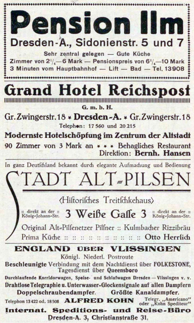 Alte Zeitungsanzeige für die Pension Inn in Dresden, Deutschland, mit schwarzem Text auf weißem Hintergrund.