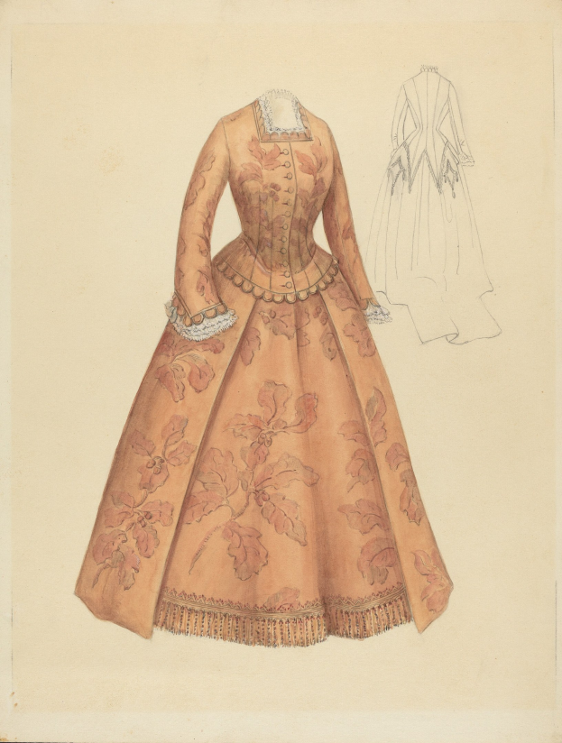 Eine Zeichnung eines Kostümdesigns aus dem 18. Jahrhundert mit einem langen Kleid mit hohem Kragen, floral gemustertem Oberteil in Pink, Lila und Blau sowie einem Spitzenbesatz an Rock und Hintergrund.