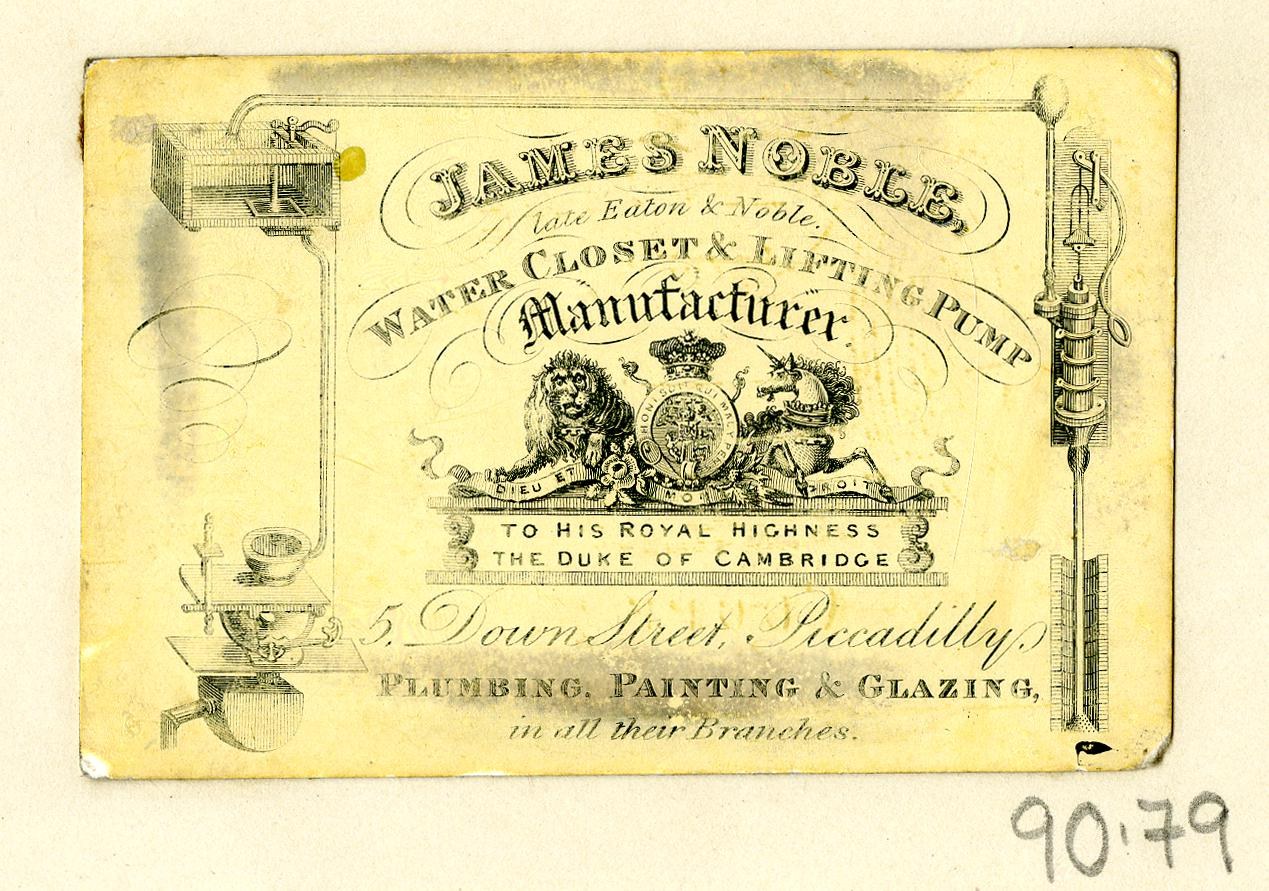 Visitenkarte für James Noble Wasser closet & Hebepumpen-Hersteller mit Produktbeschreibungstext.