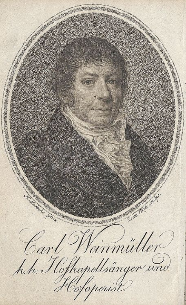 Altes Buchcover mit einem Porträt von Carl Weimiller, einem deutschen Komponisten, mit ernstem Gesichtsausdruck, der einen schwarzen Anzug und ein weißes Hemd trägt und dessen Arbeit wahrscheinlich beschrieben wird.