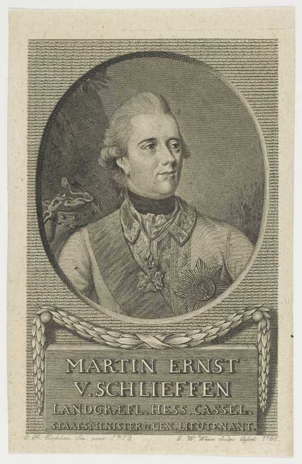 Ein Porträt von Martin Ernst V. Schlieffen, ein Mann mit ernstem Gesichtsausdruck, der einen Anzug und eine Krawatte trägt, mit ordentlich gekämmtem Haar, konzentrierten Augen und leicht geöffneten Lippen.