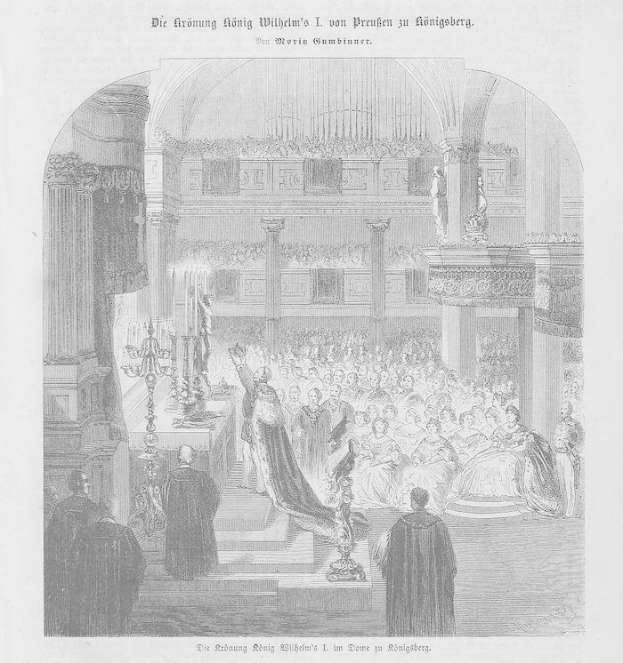 Schwarze und weiße Zeichnung einer großen Menschenmenge in einer Kirche, mit einigen stehenden und einigen sitzenden Personen, einem Kerzenständer links und Text oben und unten, feiernd die Krönung von Wilhelm II. von Deutschland.