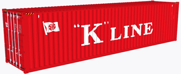 Roter Seecontainer mit der Aufschrift "K Line" vor weißem Hintergrund.